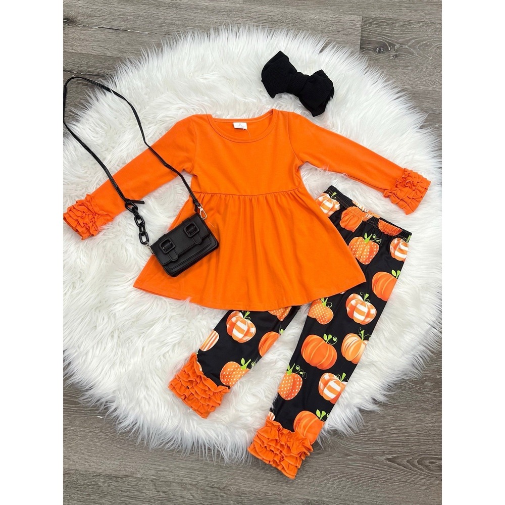 Boutique Girls Twirly Orange Tunic And‎ Pumpkin Ruffle Legging Set Size 8/9